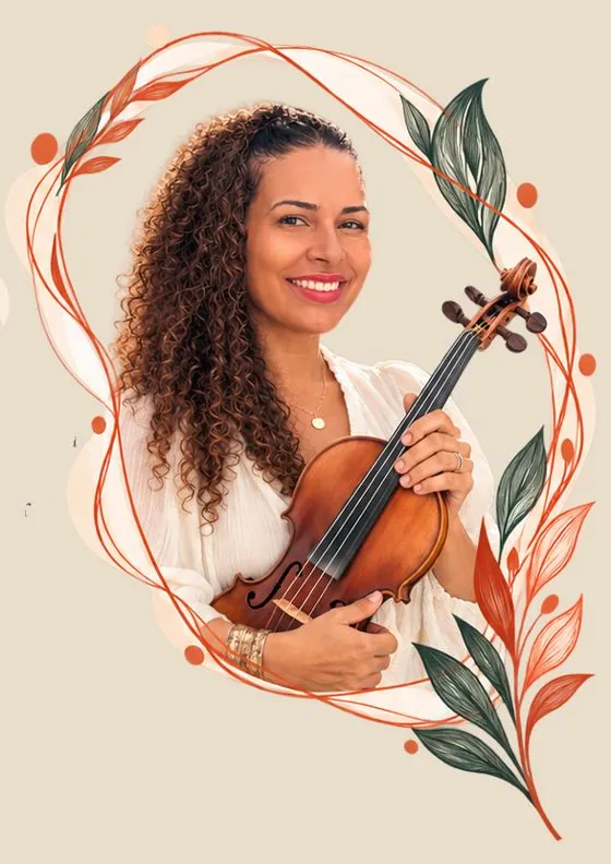 Emmanuelle Lewis, professeure de violon, tenant son instrument