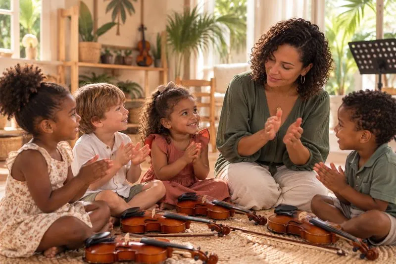 Des enfants frappent des mains en rythme avec leur professeure