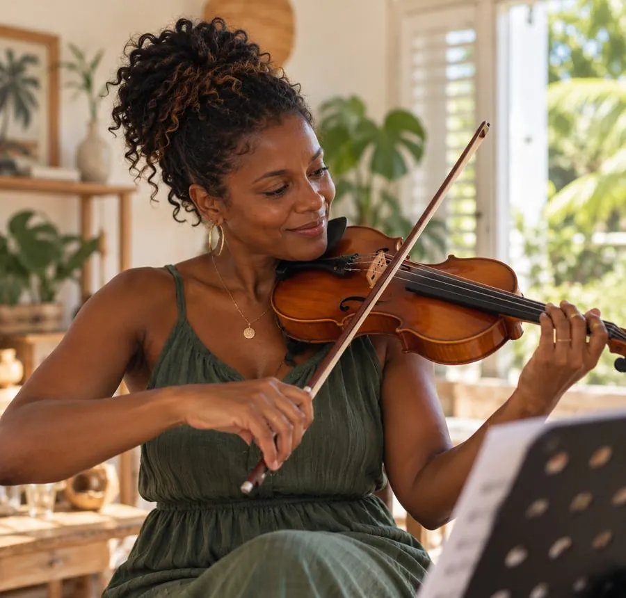 Une violoniste adulte joue dans une pièce lumineuse